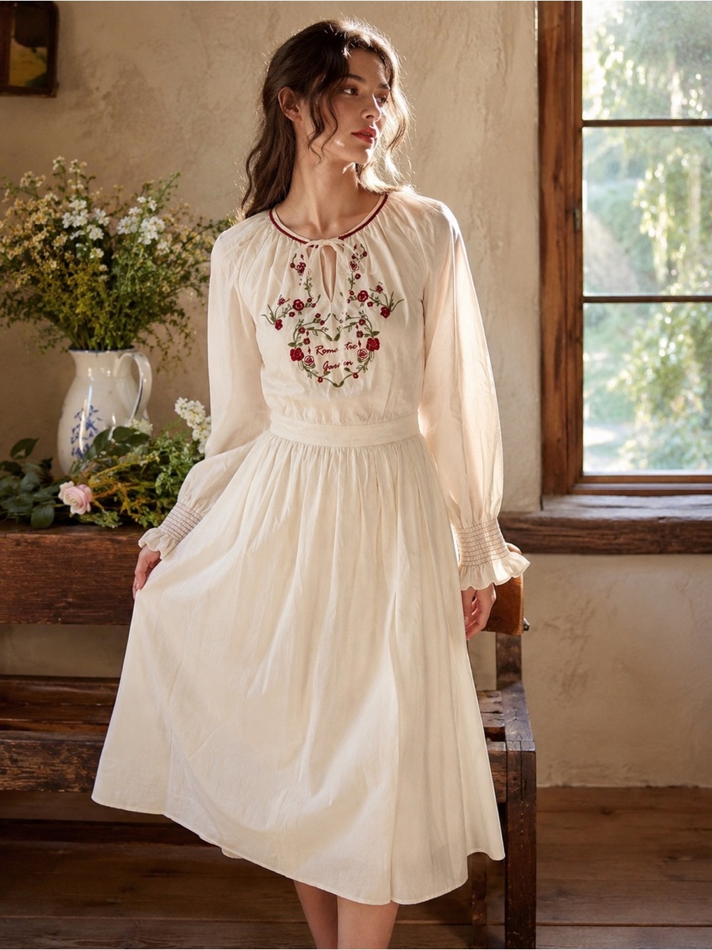 Simple Retro Romantic Garden Embroidered Cotton Midi Dress Off White M NWT